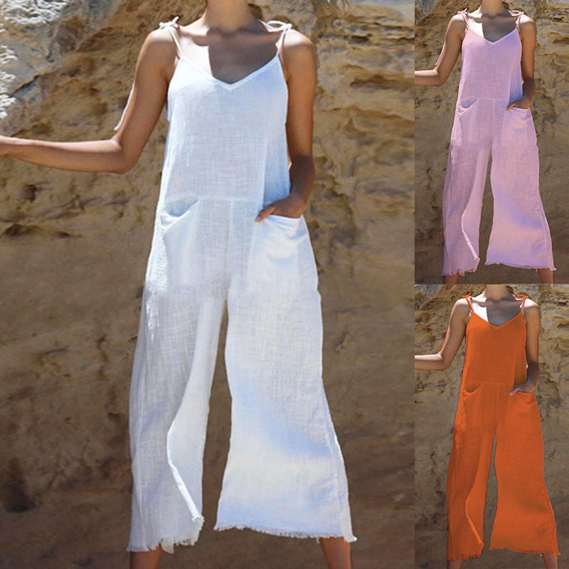 Damen Leinen-Jumpsuit mit stylischem V-Ausschnitt und praktischen Taschen WW