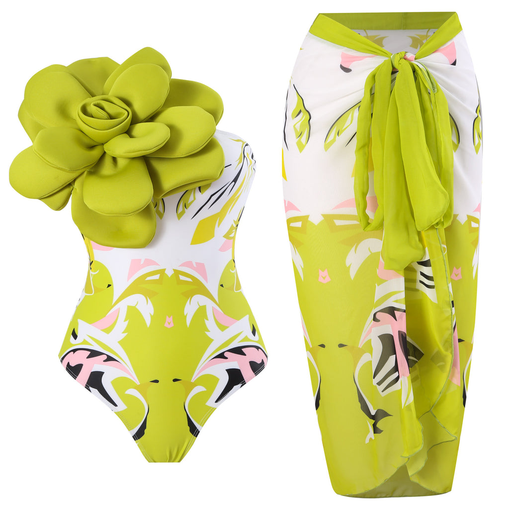Damen Badeanzug mit asymmetrischem Schnitt und floraler Dekoration WW