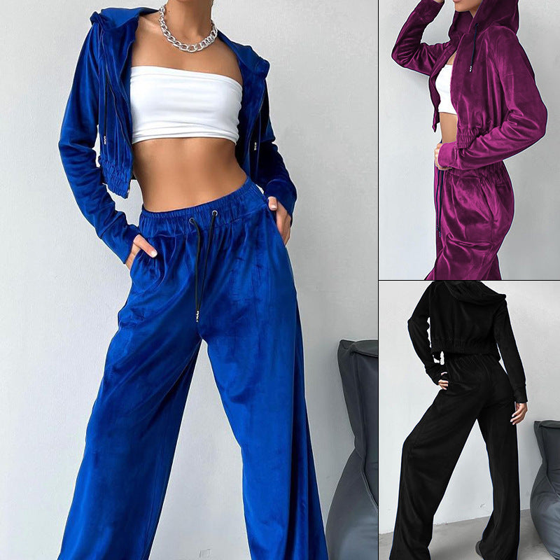 Damen Sportliches Freizeit-Set mit lässiger Kapuzenjacke und weit geschnittenen Hosen WW