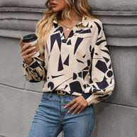 Damen lässige Bluse mit modernem grafischem Druck und voluminösen Ärmeln WW