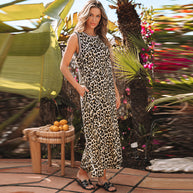 Damen Maxikleid mit modernem Leo-Print und praktischen Taschen WW