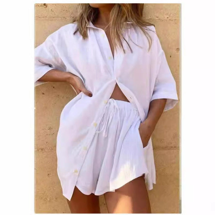 Damen Leinenbluse und Shorts-Set mit lockerer Passform und elastischem Bund W&W Mode