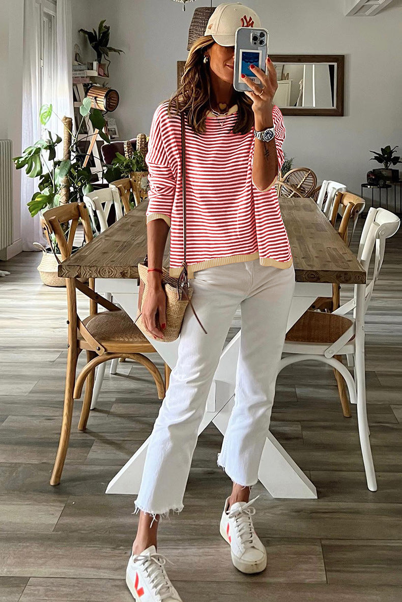 WW Kontrast gestreifter Drop-Shoulder-Pullover