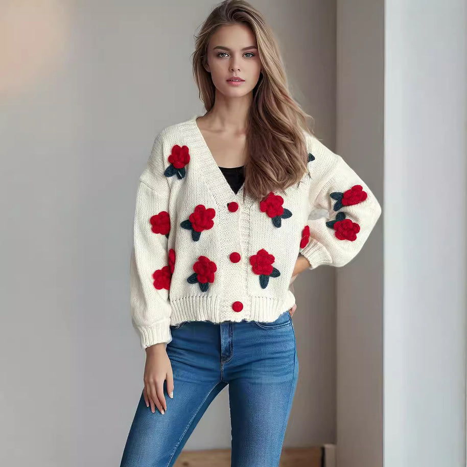 Damen Strickjacke mit floralen Applikationen und knöpfbarem Design WW