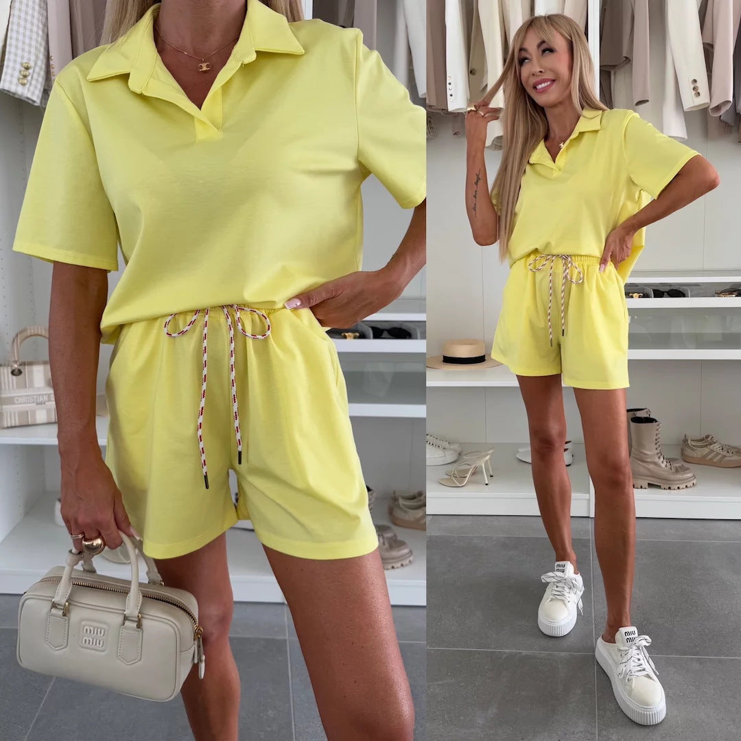 Damen sportlicher Kurzoverall mit Kragen und Taillenkordelzug WW