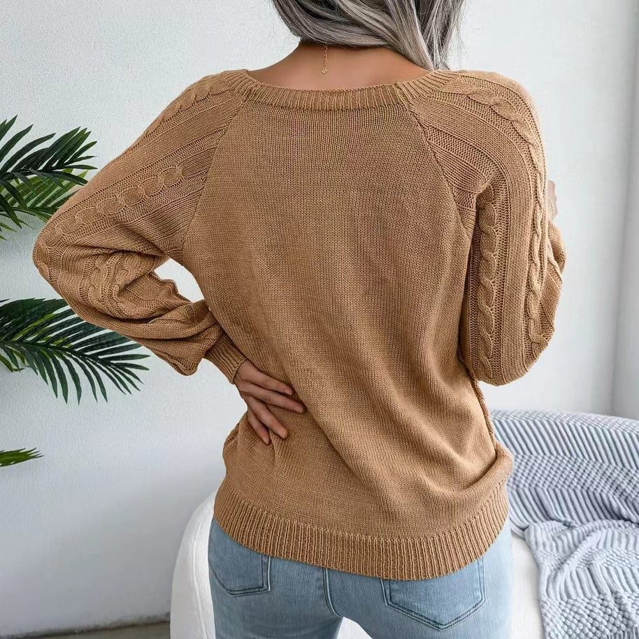 Damen Strickpullover mit tiefem Rundhalsausschnitt und strukturiertem Zopfmuster WW