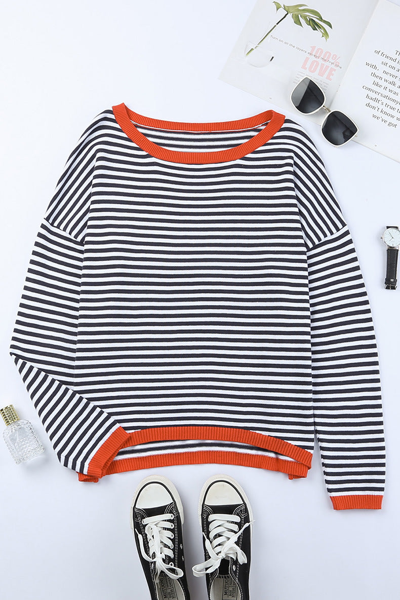 WW Kontrast gestreifter Drop-Shoulder-Pullover