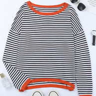 WW Kontrast gestreifter Drop-Shoulder-Pullover
