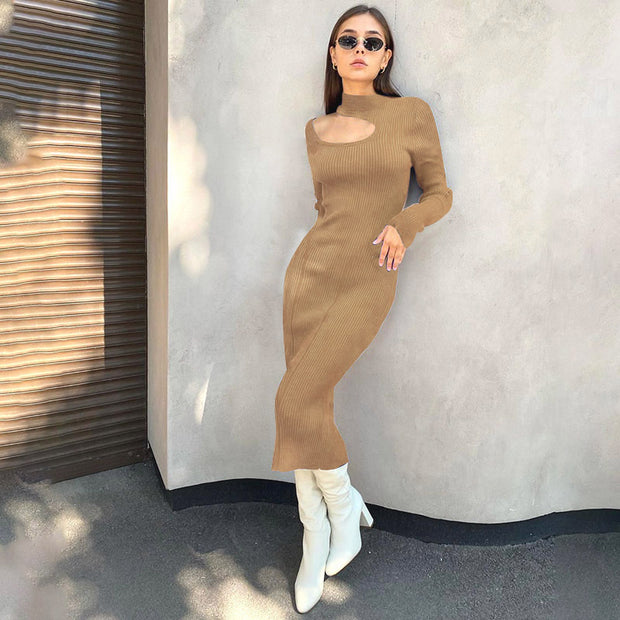 Damen Rippstrick-Midikleid mit Ausschnitt und langem Ärmel WW
