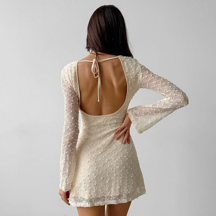 WW | Jacquard Mini Kleid Taillierte Silhouette Rundhals Langarm Rückenfrei Mit Schleife