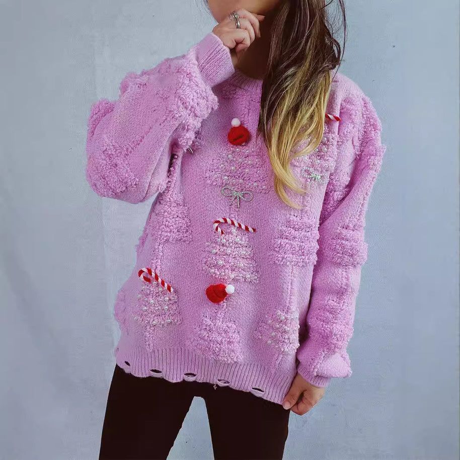 Damen festlicher Pullover mit kreativen Weihnachtsmotiven und strukturiertem Design WW