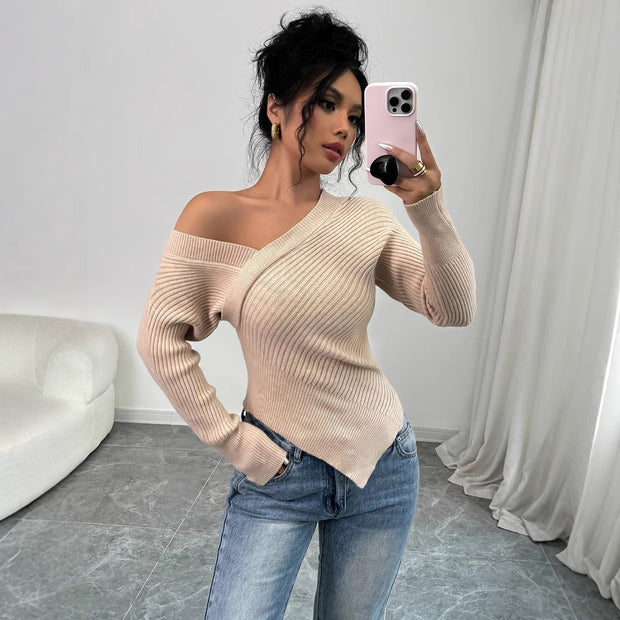 Damen asymmetrisches Rippenstrickoberteil WW
