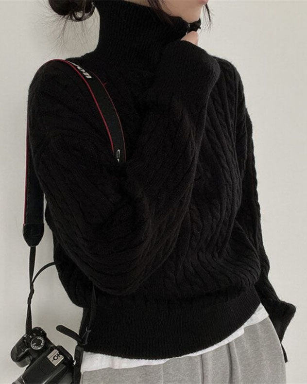 W&W Mode Vintage Rollkragen Reißverschluss Twist Strickpullover