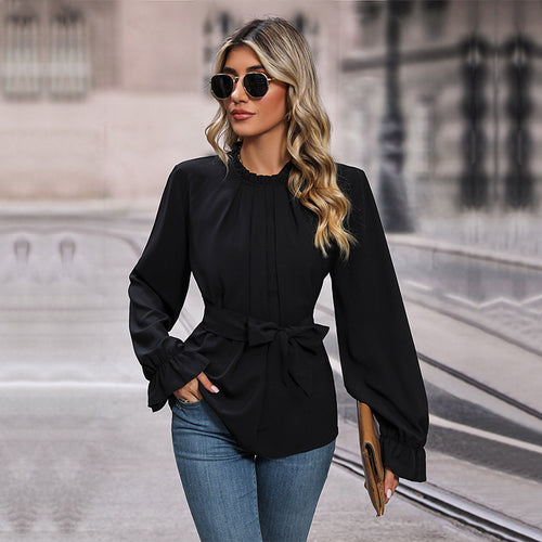 Damen Bluse mit dekorativem Wickelgürtel und voluminösen Ärmeln WW