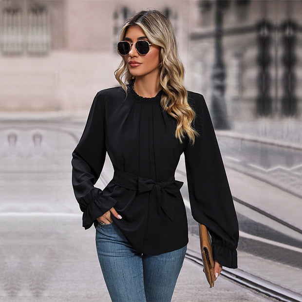 Damen Bluse mit dekorativem Wickelgürtel und voluminösen Ärmeln WW