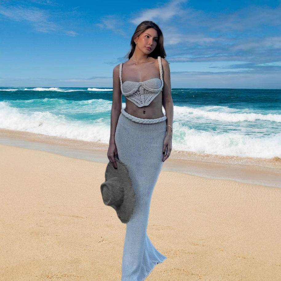 Damen Set aus gehäkeltem Crop-Top und Bleistiftrock WW