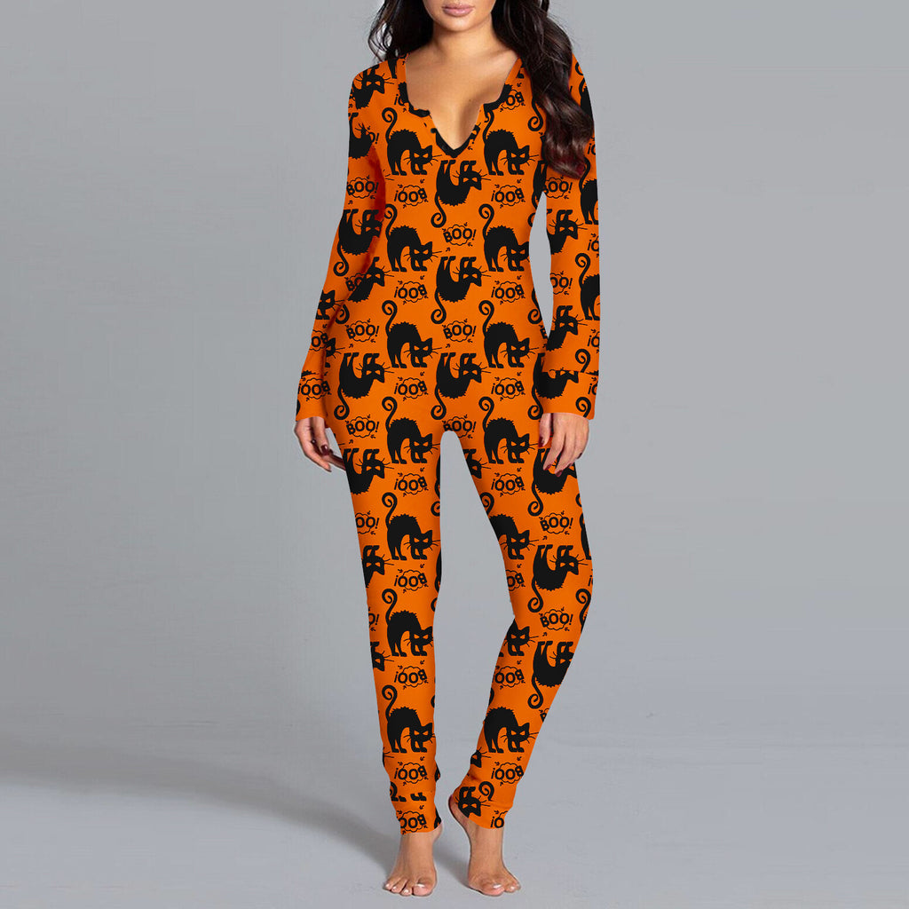 Damen Langarm Halloween-Themen Onesie Pyjama Set WW