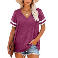 Damen V-Ausschnitt T-Shirt mit sportlichem Streifenmuster und lockerem Schnitt WW