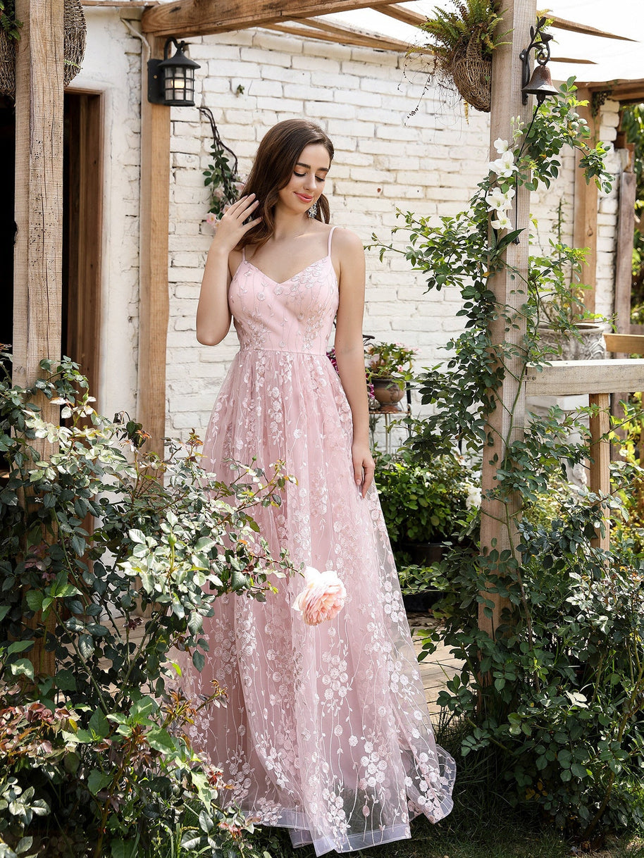 WW | V-Ausschnitt Träger Abendkleid Mesh Bestickter Rücken Freie Elegante Abendkleid Tanzkleid Festkleid Brautjungfernkleid