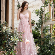 WW | V-Ausschnitt Träger Abendkleid Mesh Bestickter Rücken Freie Elegante Abendkleid Tanzkleid Festkleid Brautjungfernkleid