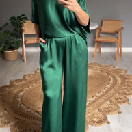 WW | Einfarbiger, seidiger V-Ausschnitt lässiger Anzug