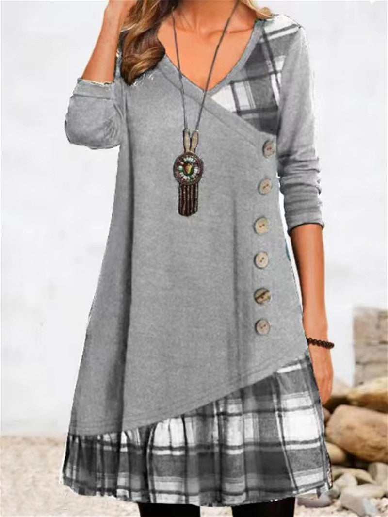 Damen asymmetrisches Freizeitkleid mit kariertem Saum und Knopfdetail WW