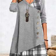 Damen asymmetrisches Freizeitkleid mit kariertem Saum und Knopfdetail WW