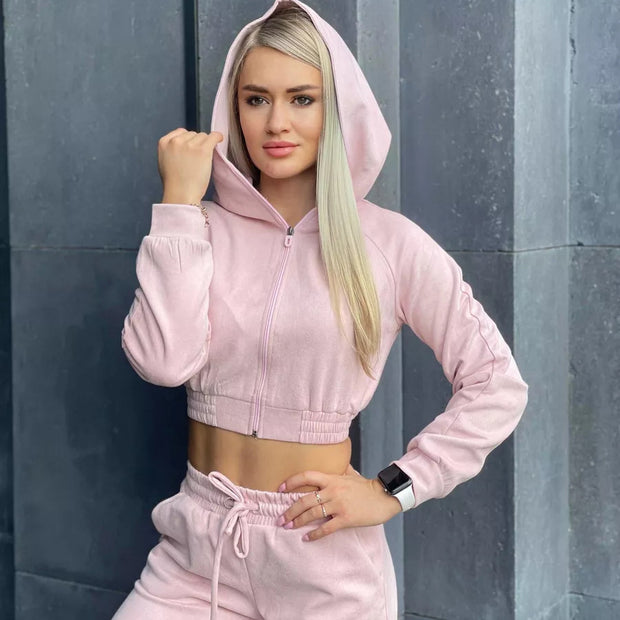 Damen Sportliches Fleece-Cropped-Set mit Kapuze und elastischem Bund WW