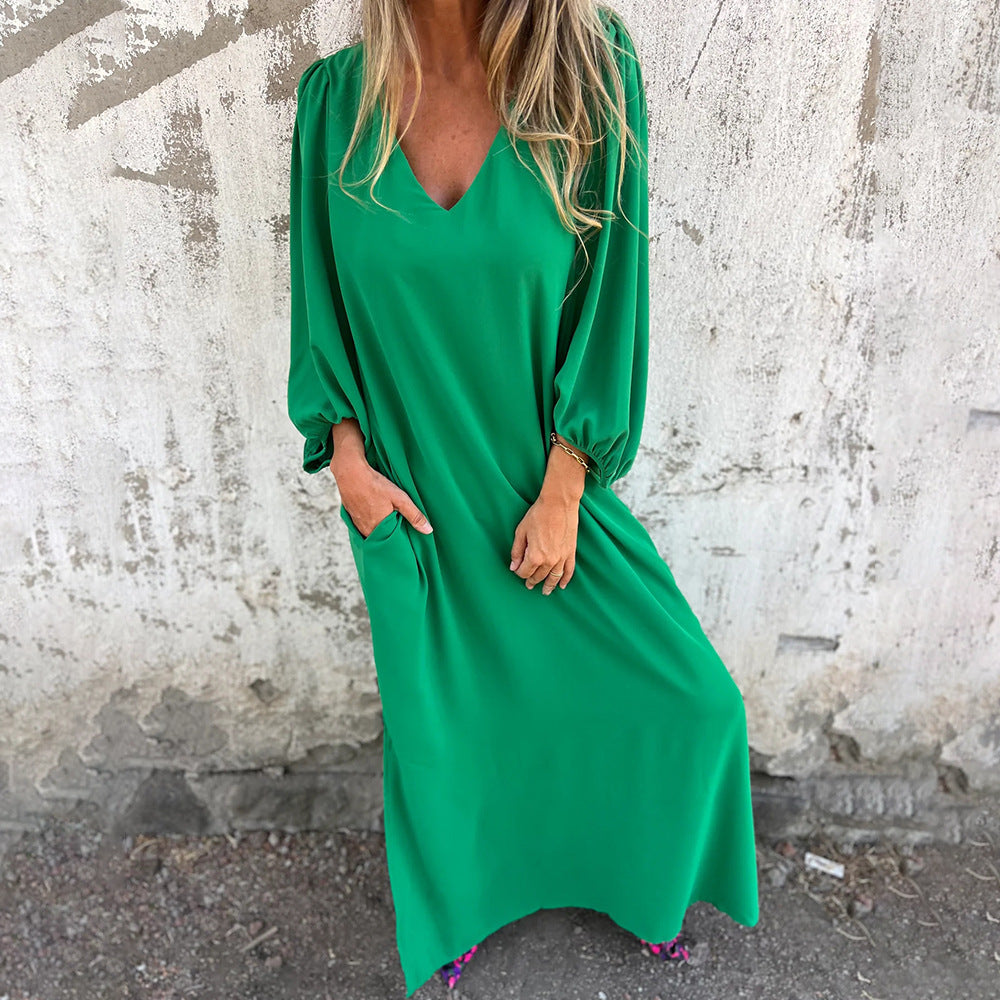 Damen Maxi-Kleid mit eleganten Puffärmeln und seitlichen Schlitzen WW