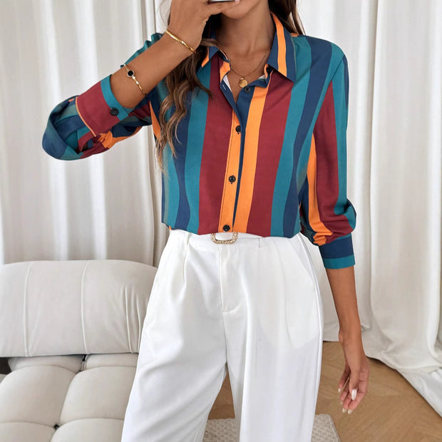 Damen Bluse mit farbenfrohem Streifenmuster und eleganter Knopfleiste WW