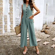 Damen lässiger Jumpsuit mit weiten Beinen und Knopfleiste WW