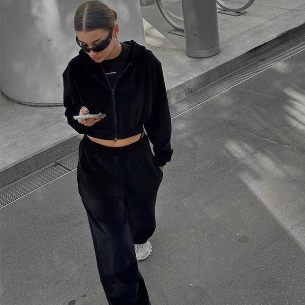 Damen sportliches Velours-Jogginganzug-Set mit lässigem Schnitt und praktischen Taschen WW