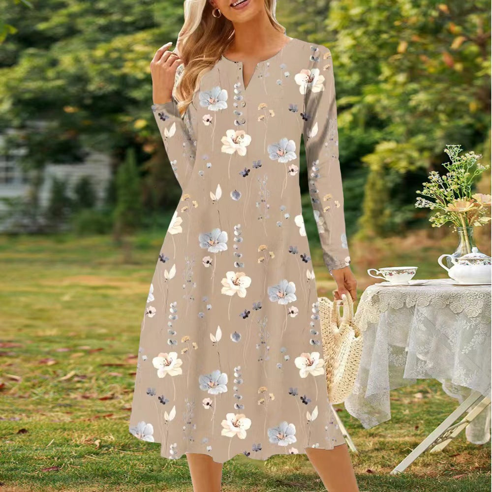 WW | Bedrucktes V-Ausschnitt Knopf Langarmkleid