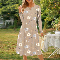 WW | Bedrucktes V-Ausschnitt Knopf Langarmkleid