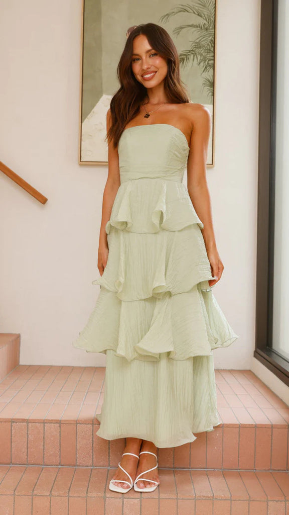 Damen Maxi-Rüschenkleid mit trägerlosem Design und fließendem Rock WW