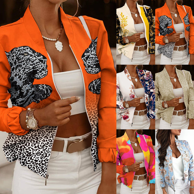 Damen sportliche Bomberjacke mit floralem Design und kontrastierenden Ärmelakzenten WW