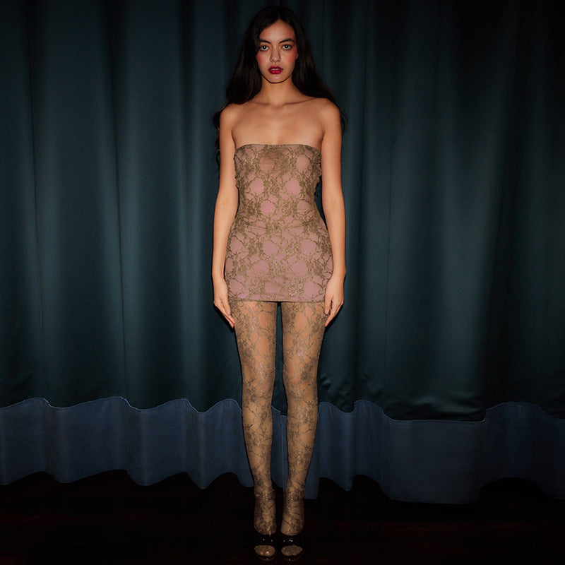 Damen Spitzen-Body mit integrierter Strumpfhose und schulterfreien Trägern WW