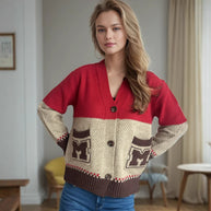 Damen Strickjacke mit dekorativen Taschen und modernem Farbblockdesign WW