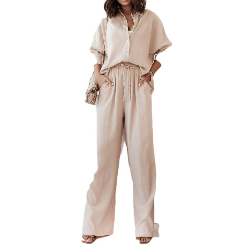 Damen Lässiger Zweiteiler mit langärmeliger Bluse und weitem Hosenstil W&W Mode