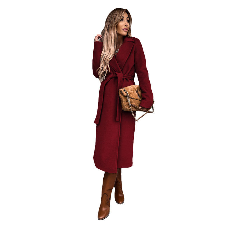Damen eleganter lange Mantel mit Gürtel und hohem Kragen W&W Mode