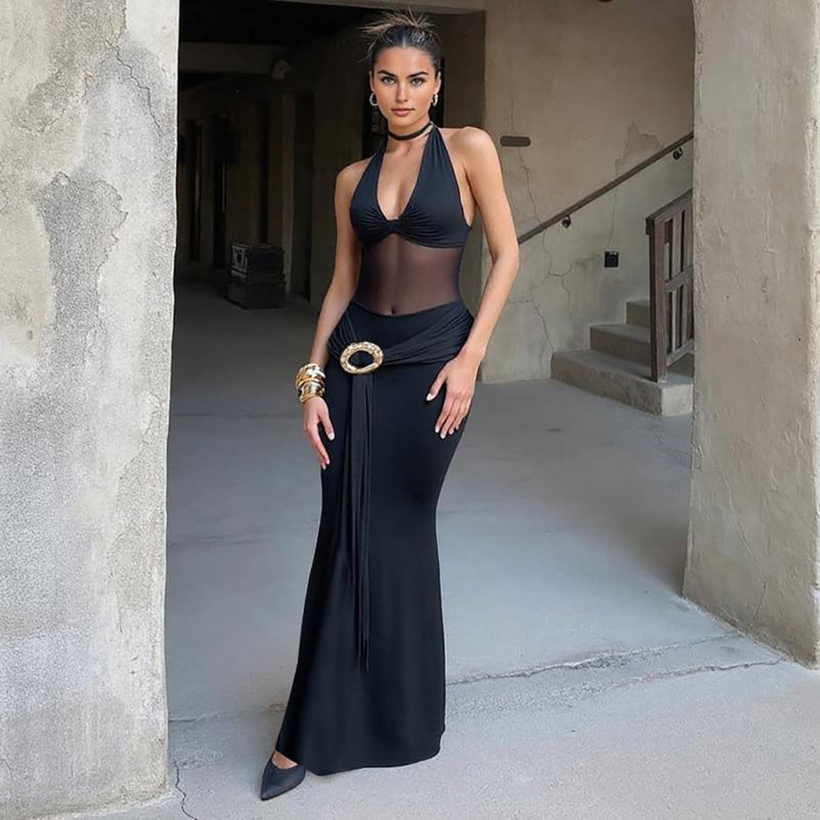 Damen Maxi-Überwurfkleid mit transparentem Material und eleganter Gürtelschnalle WW