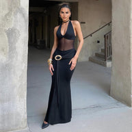 Damen Maxi-Überwurfkleid mit transparentem Material und eleganter Gürtelschnalle WW