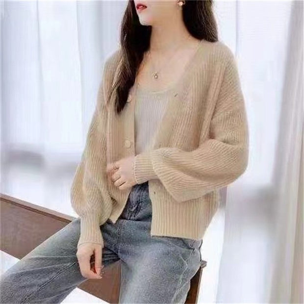 Damen Bequeme Strickjacke mit weiten Ärmeln und dezentem Rippdesign WW