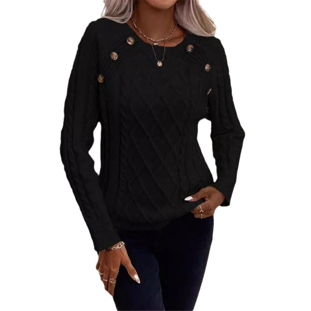 Damen Strickpullover mit strukturiertem Rautenmuster und dekorativen Knöpfen WW