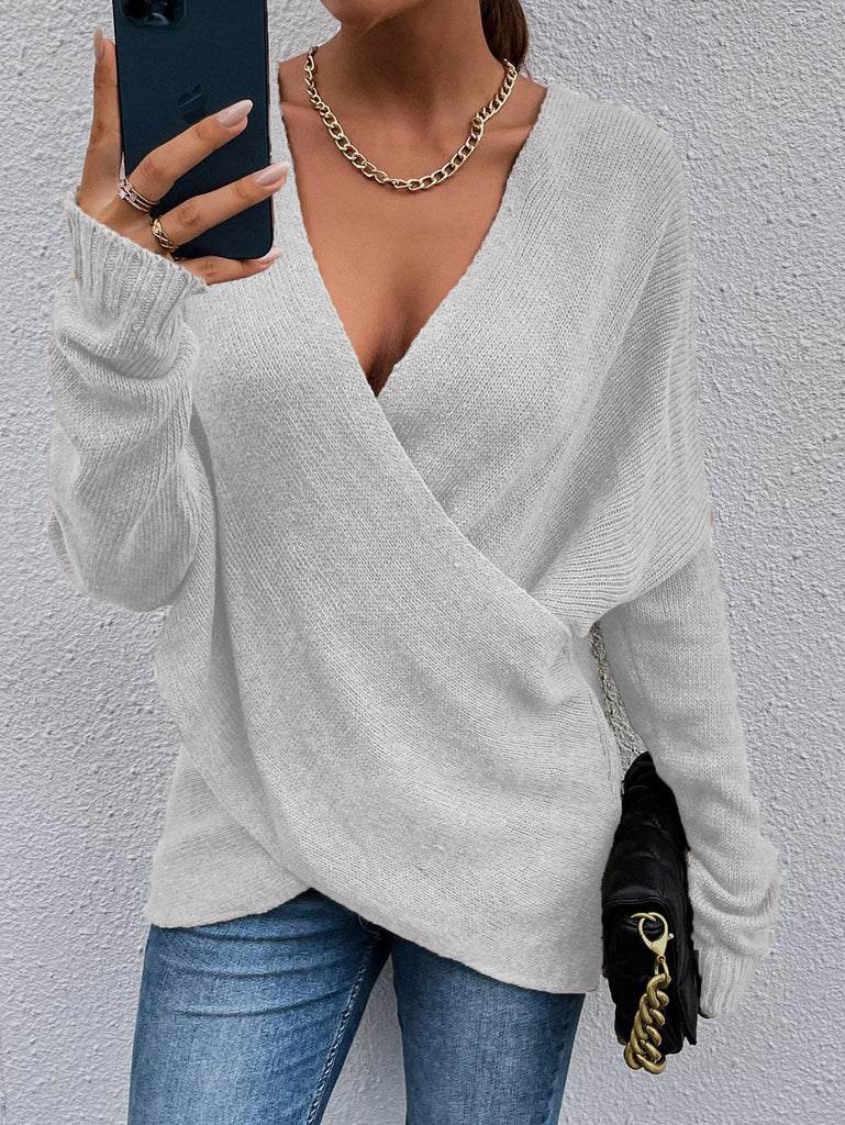Damen Wickel-Pullover aus feinem Strick mit tiefem V-Ausschnitt und weiten Ärmeln WW