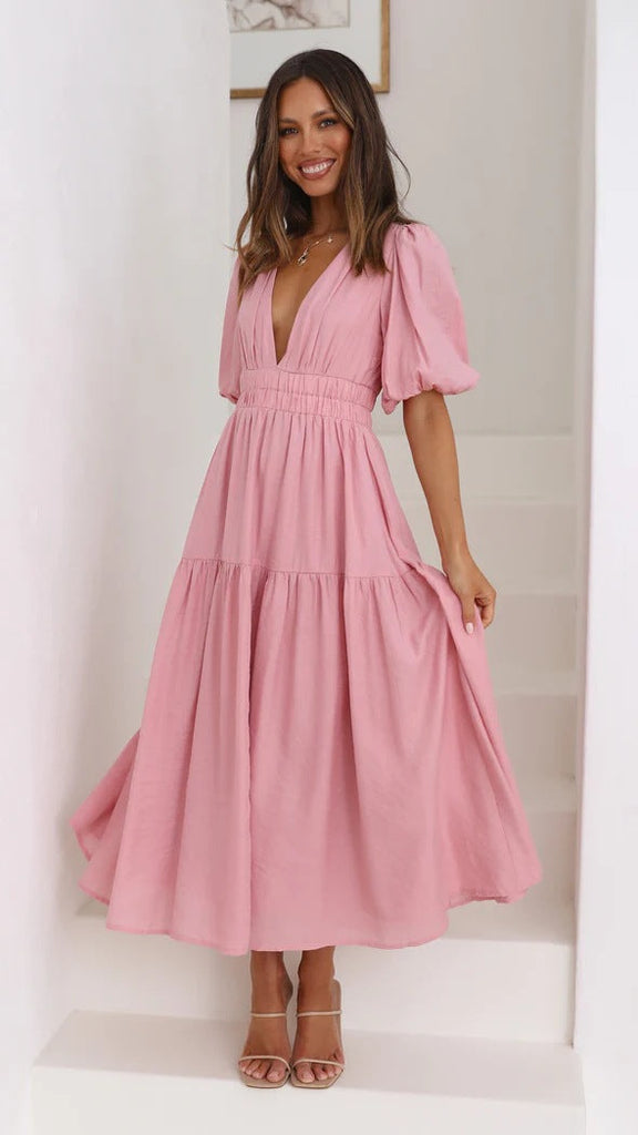 WW | Lässige Trends Sommer V-Ausschnitt Figurbetont Taillenkleid Midilänge