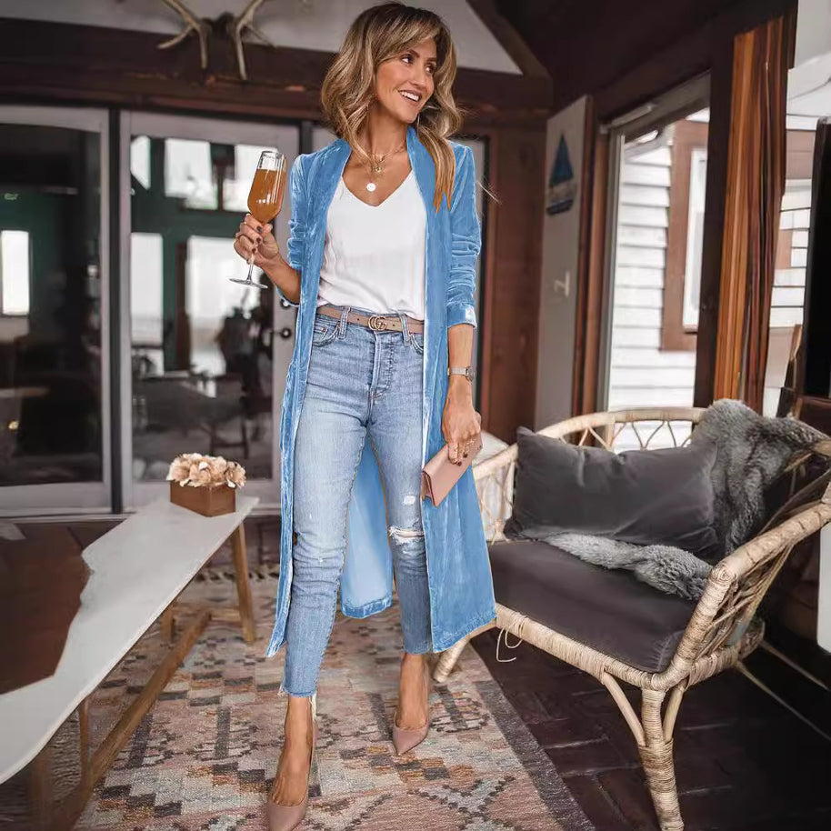 Damen Schicke lange Veloursjacke mit offenem Schnitt WW