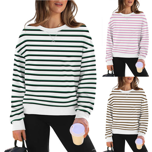 Damen lässiger Sweatshirt mit modernem Streifenmuster und Rundhalsausschnitt WW