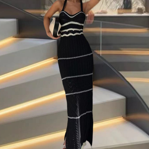 Damen Strick-Maxikleid mit raffinierten Häkelmustern und seitlichem Schlitz WW