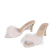 Damen schicke Pantoletten mit glamourösem Federdesign und elegantem Absatz WW